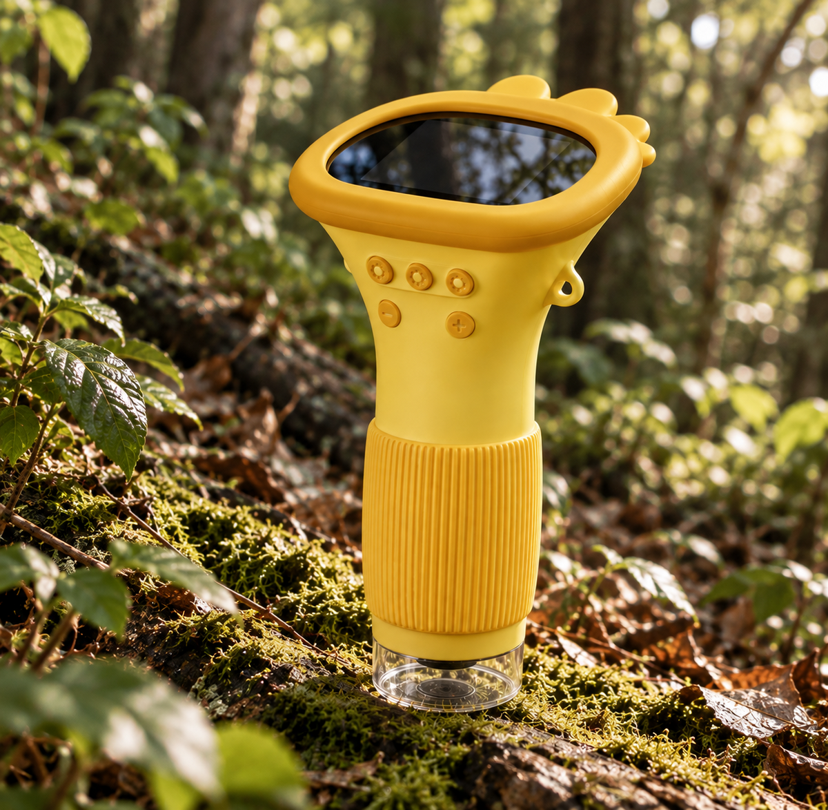 Visuel conceptuel de la couleur jaune : microscope d'exploration sur un tronc moussu