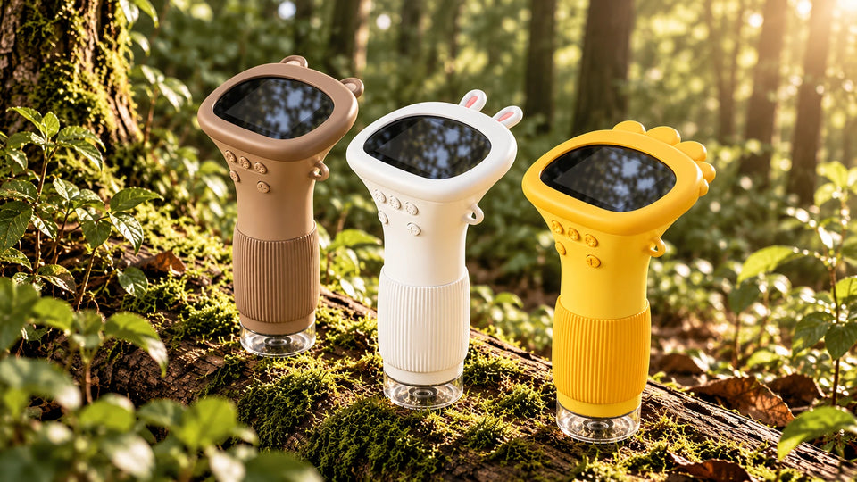 Les trois coloris WILIDI : marron, blanc avec oreilles roses et jaune, présentés en forêt